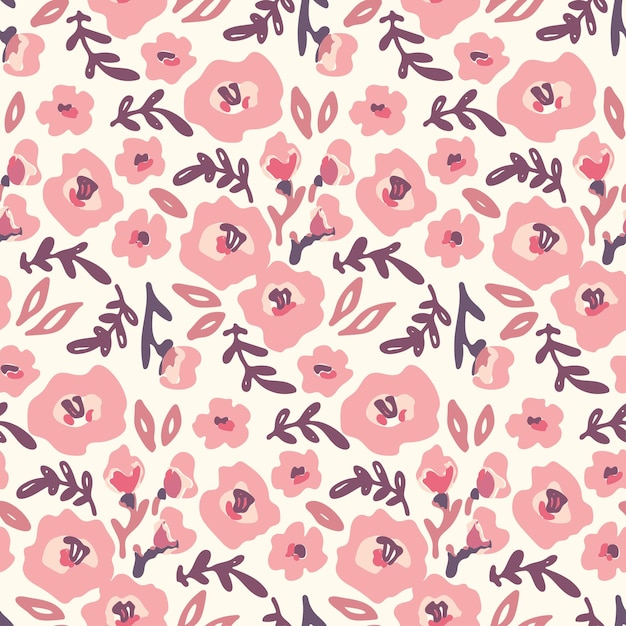 Vecteur motif floral sans couture imprimé liberty ditsy avec petites fleurs roses joli design botanique avec prairie romantique dessinée à la main petites fleurs feuilles sur fond blanc illustration vectorielle