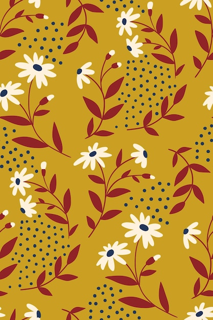 Motif Floral Sans Couture Avec Marguerites. Composition Abstraite De Petites Fleurs, Feuilles Et Points. Palette D'automne, Vecteur.