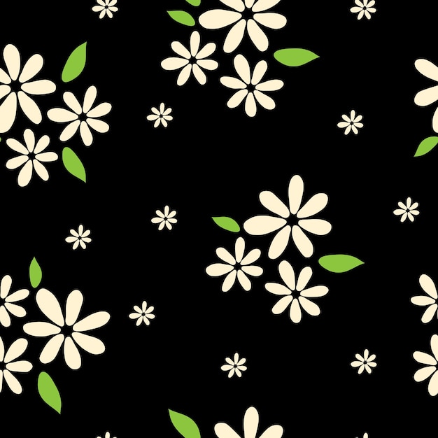 Motif Floral Sans Couture Modèle D'impression De Tissu Botanique Illustration Vectorielle Avec Des Fleurs De Camomille Blanches Sur Fond Noir