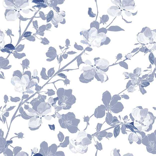 Motif floral sans couture monochrome bleu de la branche de floraison printanière avec des fleurs de cerisier ou de pomme