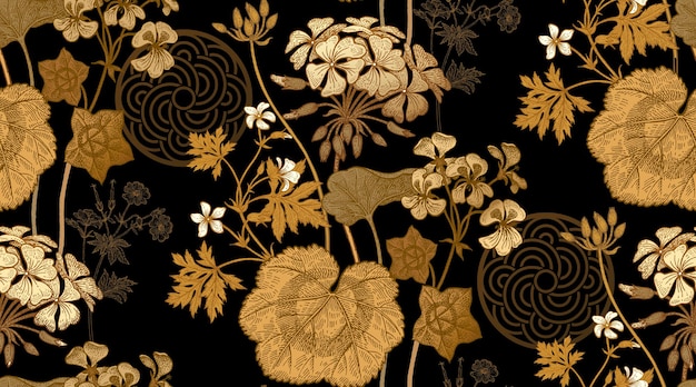 Motif Floral Sans Couture Or Et Noir Avec Fleur De Géranium