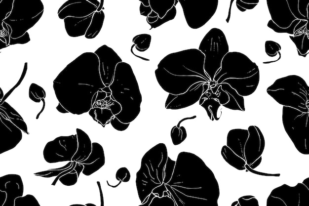 Motif floral sans couture avec orchidée fleurs silhouette noire