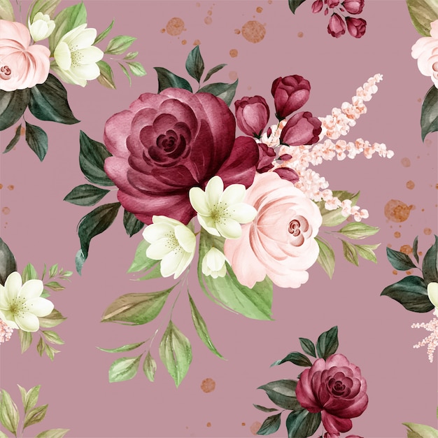 Motif floral sans couture de roses aquarelles marron et bordeaux et arrangements de fleurs sauvages