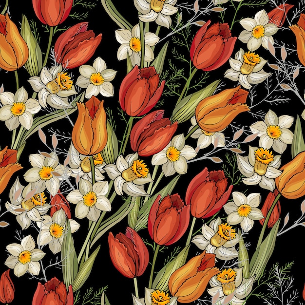 Motif floral sans couture avec des tulipes et des jonquilles de fleurs colorées