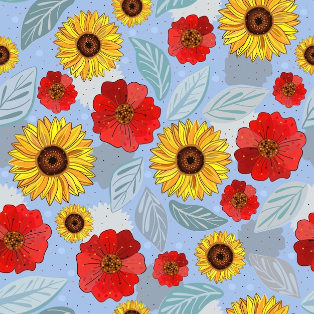 Motif Floral Sans Couture De Vecteur Avec Des Tournesols Et Des Coquelicots Sur Fond Bleu Clair.