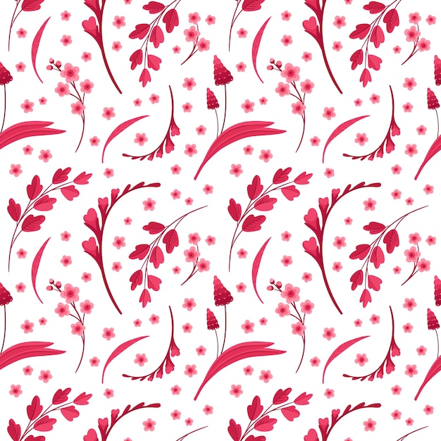 Motif Floral Sans Couture Viva Magenta. Fleurs épanouies, Feuilles Et Coeurs Rouges Et Roses.