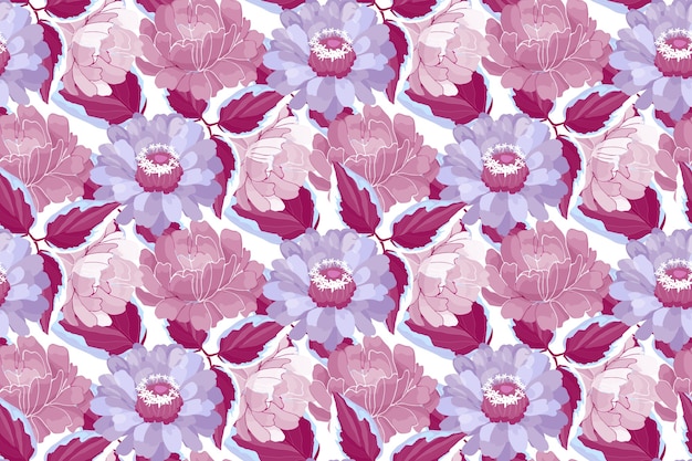 Motif Floral Sans Soudure. Fleurs Et Feuilles De Jardin Bordeaux, Violettes, Violettes, Bordeaux. Belles Pivoines, Zinnias.