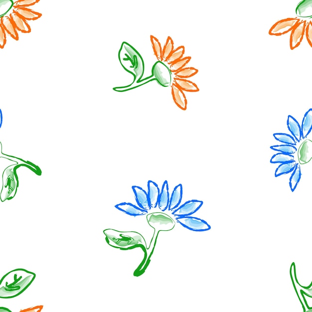 Motif Floral Sans Soudure De Marguerites Bleues Et Orange Contours