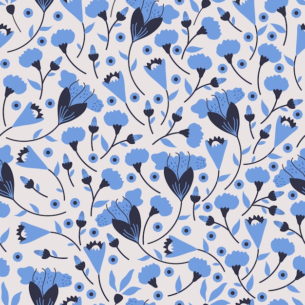 motif floral sans soudure. Modèle dessiné à la main dans une couleur bleue classique avec un design de fleurs décadentes.