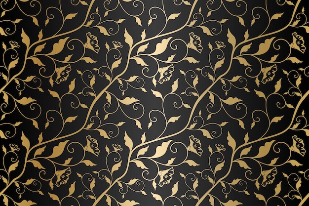Vecteur motif floral de texture dorée vectorielle continue. fond noir damassé répétitif de luxe. papier d'emballage de qualité supérieure ou tissu doré en soie avec feuilles et fleurs.