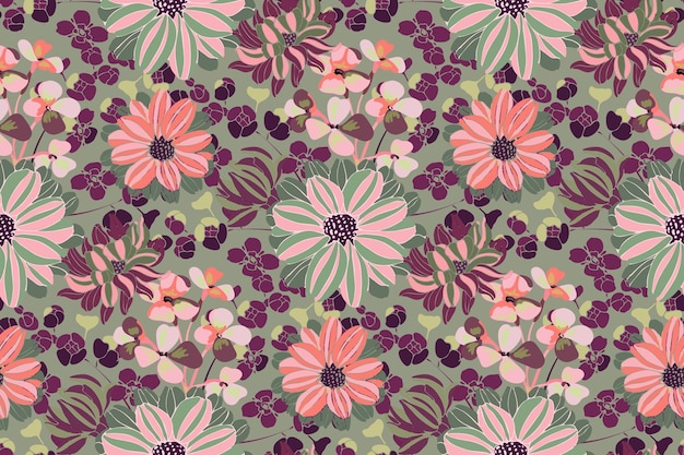 Motif Floral De Vecteur. Fleurs De Jardin Rose, Violet, Vert, Branches Et Feuilles Isolées Sur Fond D'olive. Beaux Chrysanthèmes Pour Tissu, Conception De Papier Peint, Textile De Cuisine, Bannières, Cartes.