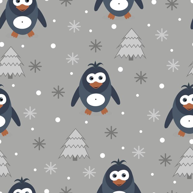 Vecteur motif sur fond gris pingouins dessinés et arbres de noël modèle sans couture avec pingouins mignons