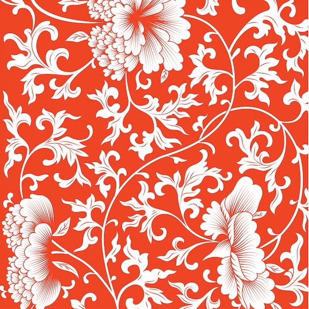 Motif Sur Fond Rouge Avec Des Fleurs Chinoises.