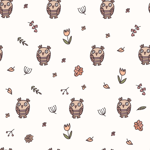 Motif De Forêt Sans Couture Avec Un Hibou Pour Les Enfants Dans Des Tons Beiges.