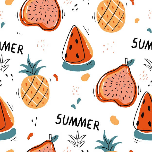 Vecteur motif de fruits dessinés à la main sans couture coloré avec ananas orange et figue sur fond blanc