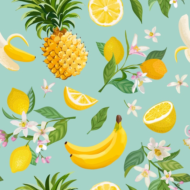 Motif De Fruits Tropicaux Sans Couture Avec Citron, Banane, Ananas, Fruits, Feuilles, Fond De Fleurs. Illustration Vectorielle Dessinés à La Main Dans Un Style Aquarelle Pour La Couverture Romantique D'été, Papier Peint Tropical, Vin