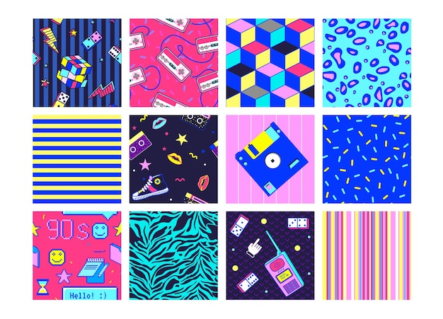 Motif Géométrique Des Années 90 Cool Mode Néon Pop Art Textures Sans Couture Ensemble 80s Hipster Rétro Fond Comique Toile De Fond Abstraite Colorée Des Années 1990 Décoration Vectorielle Papier D'emballage Textile Vintage