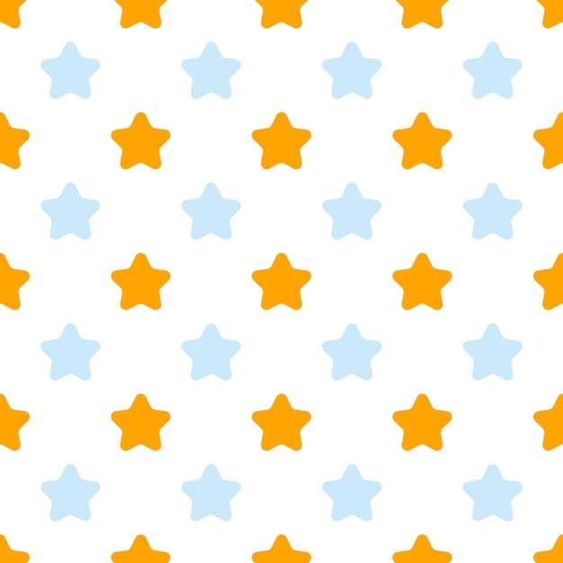 Un motif géométrique homogène de petites étoiles orange et bleues sur un fond blanc