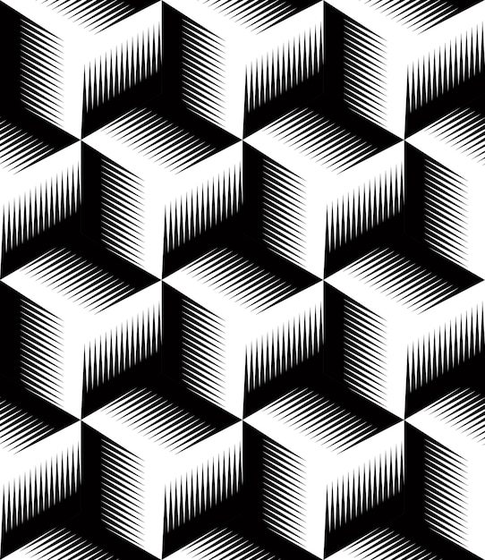 Motif géométrique sans soudure, arrière-plan régulier vectoriel noir et blanc sans fin. Revêtement abstrait avec des figures superposées en 3d.