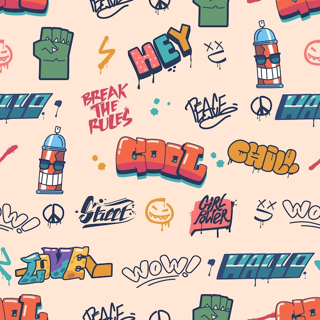 Le motif de graffiti sans couture présente un design d'art de rue peint à la pulvérisation vibrant et complexe créant un visuel répété dynamique et tranchant ajoutant un flair urbain à n'importe quelle surface d'illustration vectorielle de dessins animés
