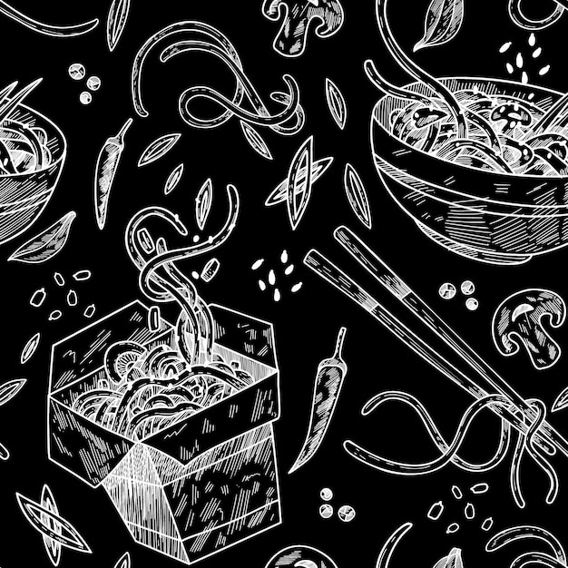 Motif Graphique Harmonieux Avec Cuisine De Rue Chinoise Traditionnelle Sur Fond Noir.