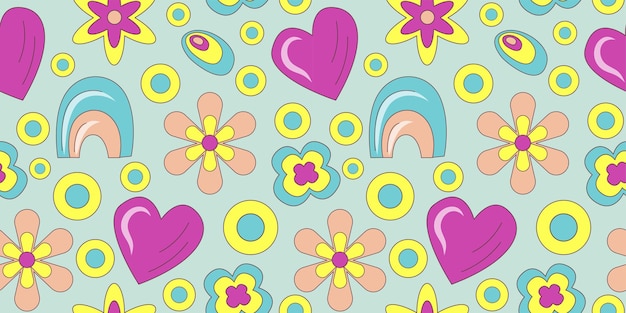 Motif Groovy Dans Un Style Doodle Sur Fond Coloré Motif Floral Rétro Des Années 70 Sans Couture Avec Coeur Et Arc-en-ciel Illustration Vectorielle Groovy Simple