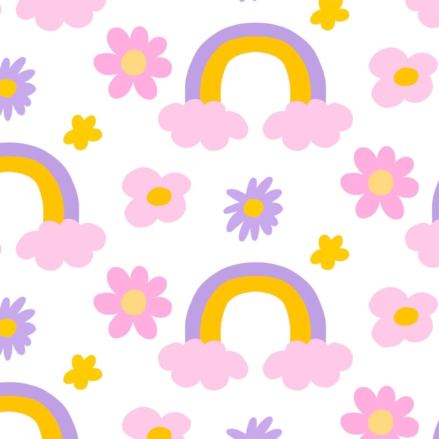 Motif groovy avec fleurs et arc-en-ciel Motif rétro avec fleurs roses Modèle sans couture dans le style des années 60 ou 70 Illustration vectorielle
