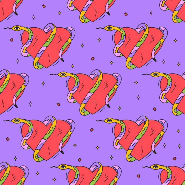 Vecteur motif groovy sans couture avec serpent coloré enroulé autour du coeur fond vectoriel psychédélique des années 70