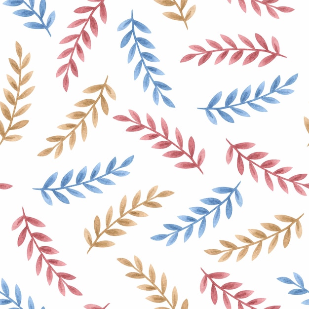 Motif harmonieux d'aquarelle avec des branches bleues rouges et dorées sur fond blanc