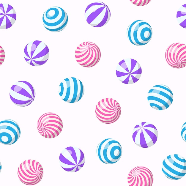 Motif Harmonieux De Balles Rayées, De Chewing-gum, De Bonbons Ronds Ou De Sphères Gonflables De Plage. Fond De Dessin Animé De Vecteur Avec Dragée Douce Avec Motif En Spirale, Boules De Gomme Ou Jouets De Sport En Plastique