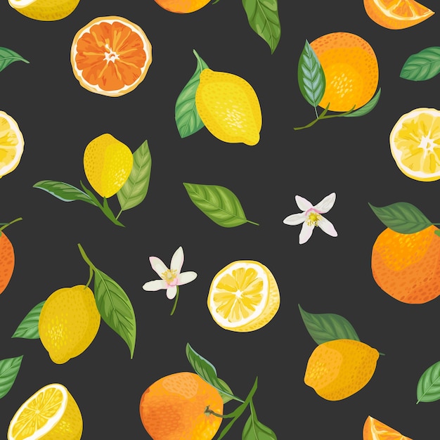 Motif harmonieux de citron et d'orange avec des fruits tropicaux, des feuilles, un fond de fleurs. Illustration vectorielle dessinés à la main dans un style Aquarelle pour la couverture romantique d'été, papier peint tropical, texture vintage