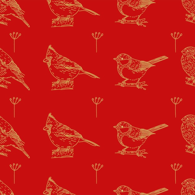 Vecteur motif harmonieux dessiné à la main avec des branches et des oiseaux sur fond rouge. cardinal du nord, mésange.