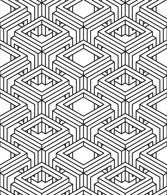 Motif harmonieux géométrique abstrait illusoire monochrome avec figures géométriques 3d. Toile de fond rayé noir et blanc de vecteur.