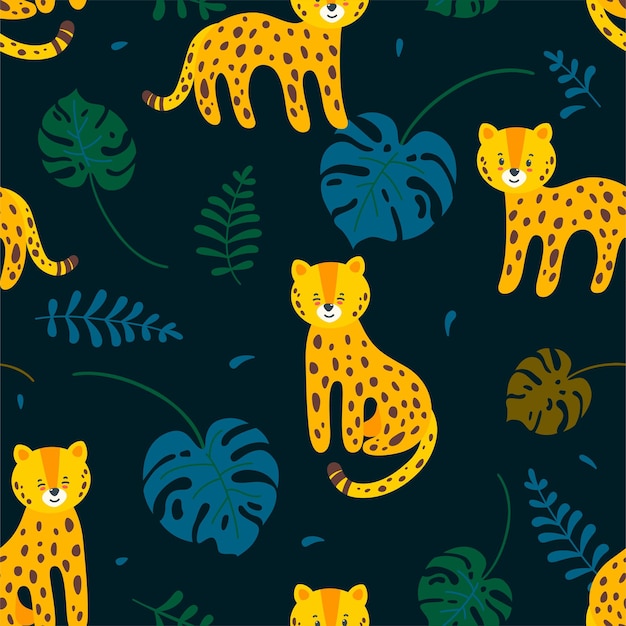 Motif Harmonieux De Jungle Avec Des Léopards Et Des Feuilles Sur Fond Bleu Foncé