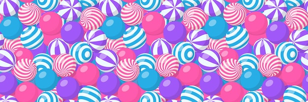 Motif Harmonieux De Tas De Balles Rayées, De Chewing-gum, De Bonbons Ronds Ou De Sphères Gonflables De Plage. Fond De Dessin Animé Vectoriel Avec De Nombreuses Dragées Sucrées Avec Motif En Spirale, Boules De Gomme Ou Jouets De Sport En Plastique