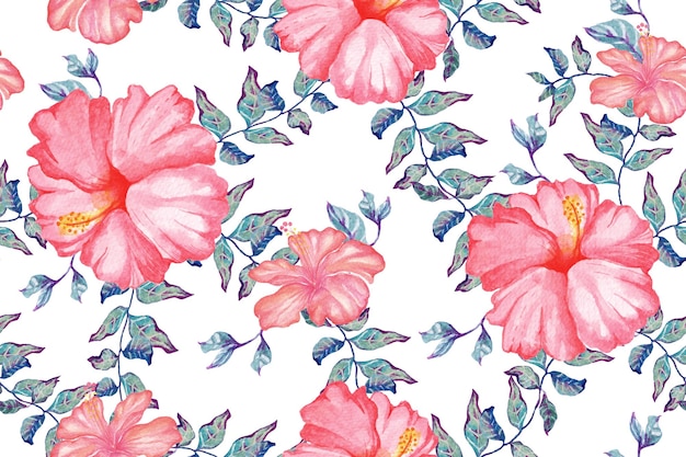Motif D'hibiscus, Fleurs épanouies à L'aquarelle Pour Tissu Et Papier Peint. Arrière-plan Botanique