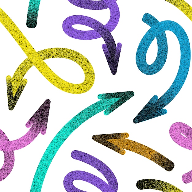 Un motif homogène d'arrangement chaotique de flèches à texture colorée pointant dans différentes directions sur un fond blanc
