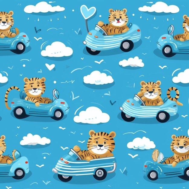 Motif homogène de dessin animé mignon tigre conduisant une illustration vectorielle de voiture