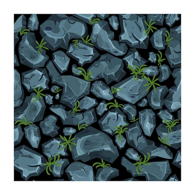 Un motif homogène de mur de pierre grise avec de petites plantes vertes