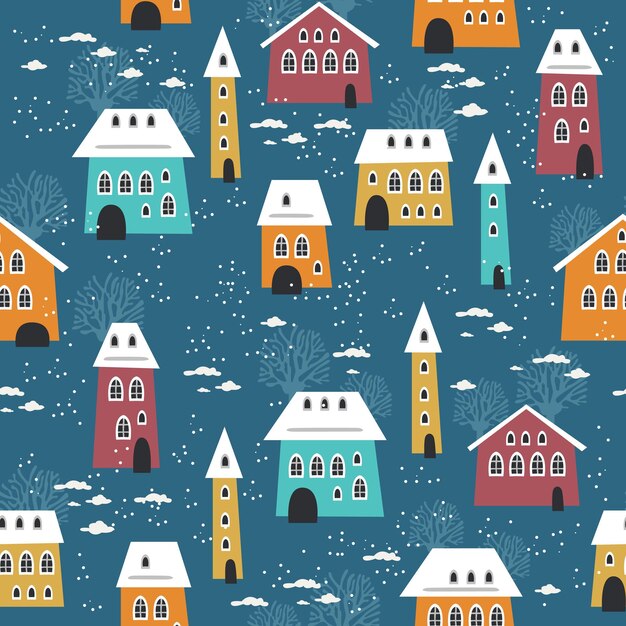 Vecteur motif homogène de noël avec des maisons d'hiver, des arbres et d'autres éléments