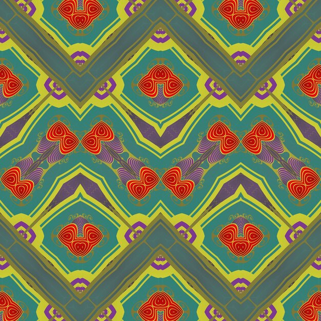 Motif illustré sans couture composé d'éléments abstraits en rouge, jaune et noir
