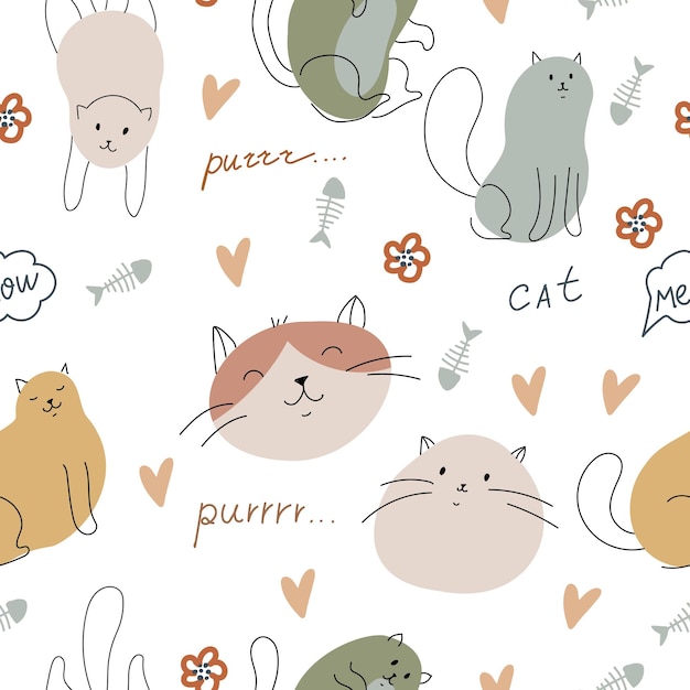 Vecteur motif d'impressions de pattes de chats et de boules de fil imprimé en couleurs pastel avec des animaux drôles animaux de compagnie dessin à la main motif sans couture illustration vectorielle