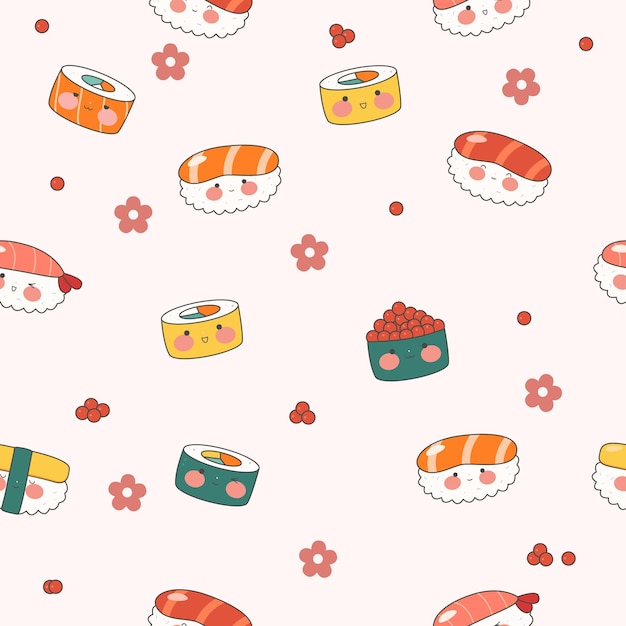 Motif Kawaii Avec Des Sushis Mignons Cuisine Japonaise Traditionnelle Belle Nigiri Stock Illustration Vectorielle