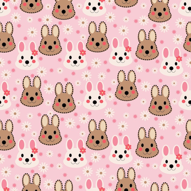 Vecteur un motif de lapin sans couture avec de mignons lapins blancs et bruns sur un fond rose floral parfait pour le texas