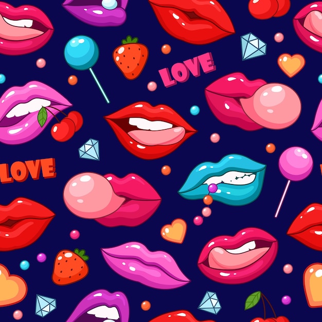 Motif De Lèvres Mode Pop Art Style Lèvre à La Mode Baiser Fond Fun Amour Fou Girly Imprimer Bouches Colorées Vecteur Glamour Baiser Et Désir Doodle Illustration De Lèvres Bonbons Et Maquillage à La Mode