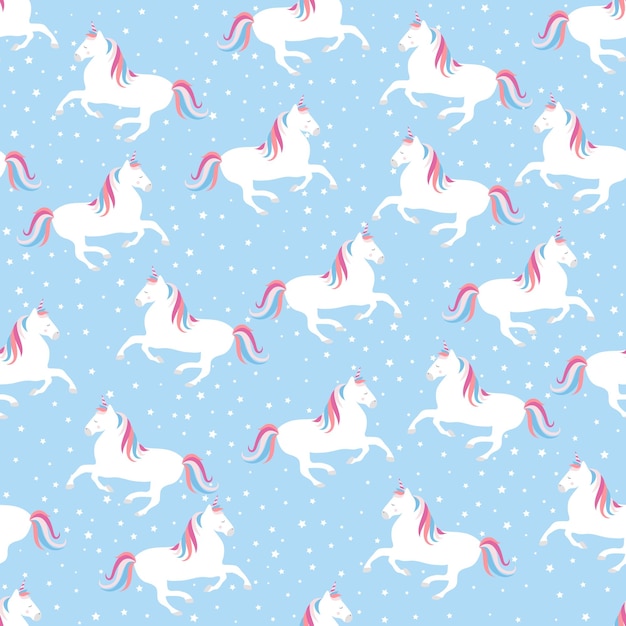 Motif de licorne sans couture sur fond bleu avec des étoiles Imprimer drôle pour papier tissu et web