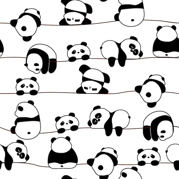 Vecteur motif de ligne transparente panda mignon et vecteur de fond continu animal