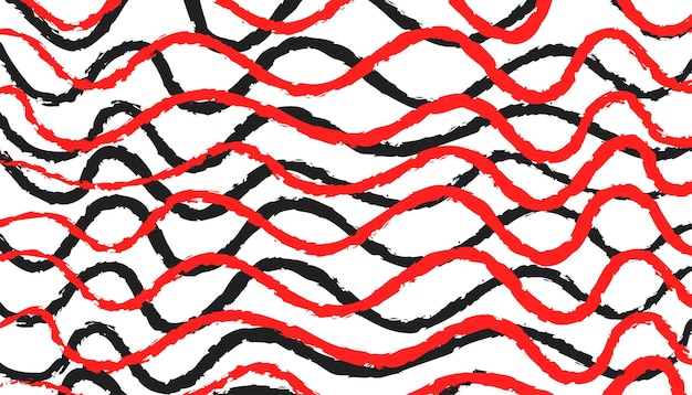 Motif de lignes de brosse ondulées rouges et noires sur une bannière vectorielle horizontale abstraite de fond blanc