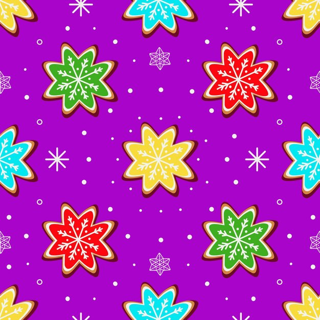 Motif Lumineux Avec Des Biscuits Au Gingembre Sous Forme De Flocons De Neige Sur Fond Violet