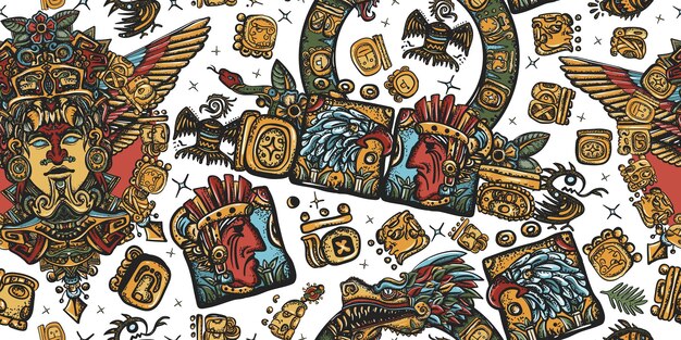 Vecteur le motif maya, l'arrière-plan des incas aztéques, le style de tatouage de l'ancienne école, les glyphes dorés, le totem kukulkan.